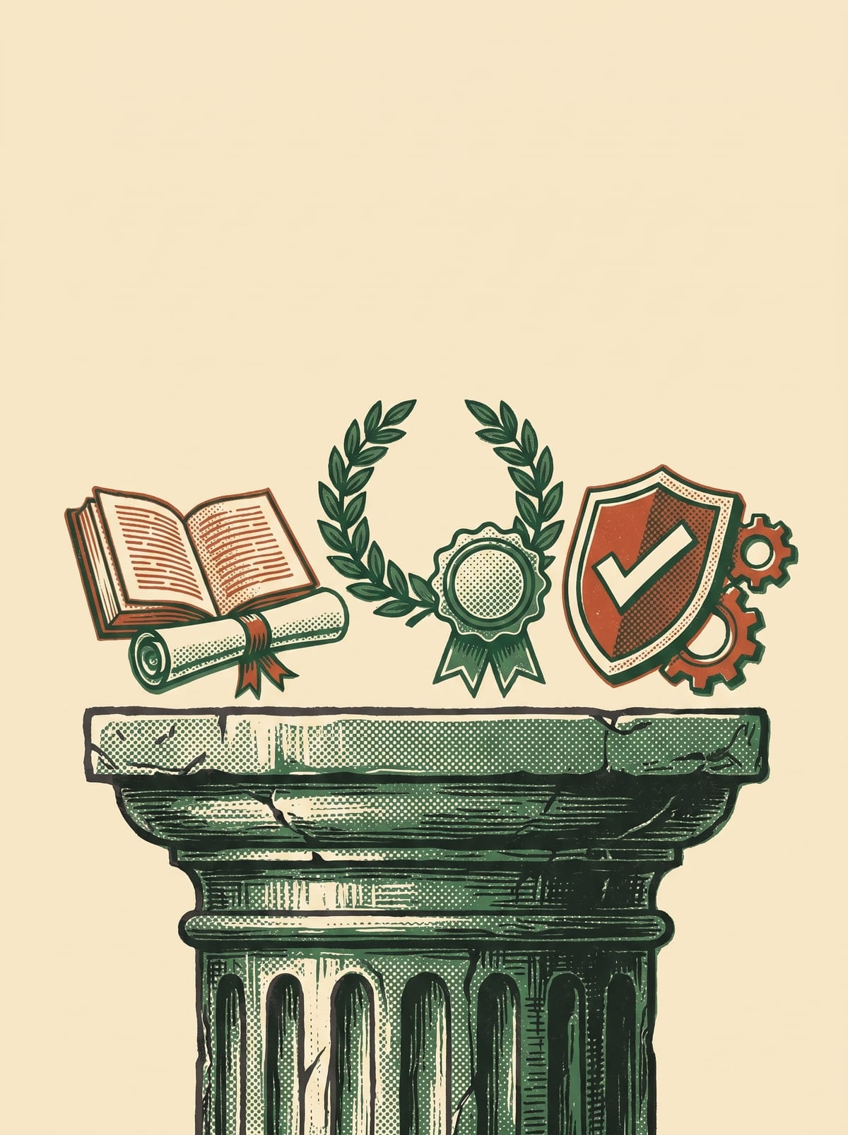 A classical column topped by a book, a laurel-wreathed medal, and a checkmark shield — expertise, authority, trust