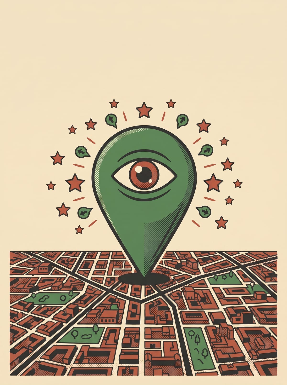 A confident business map pin on a city map with no computer nearby, ringed by review stars