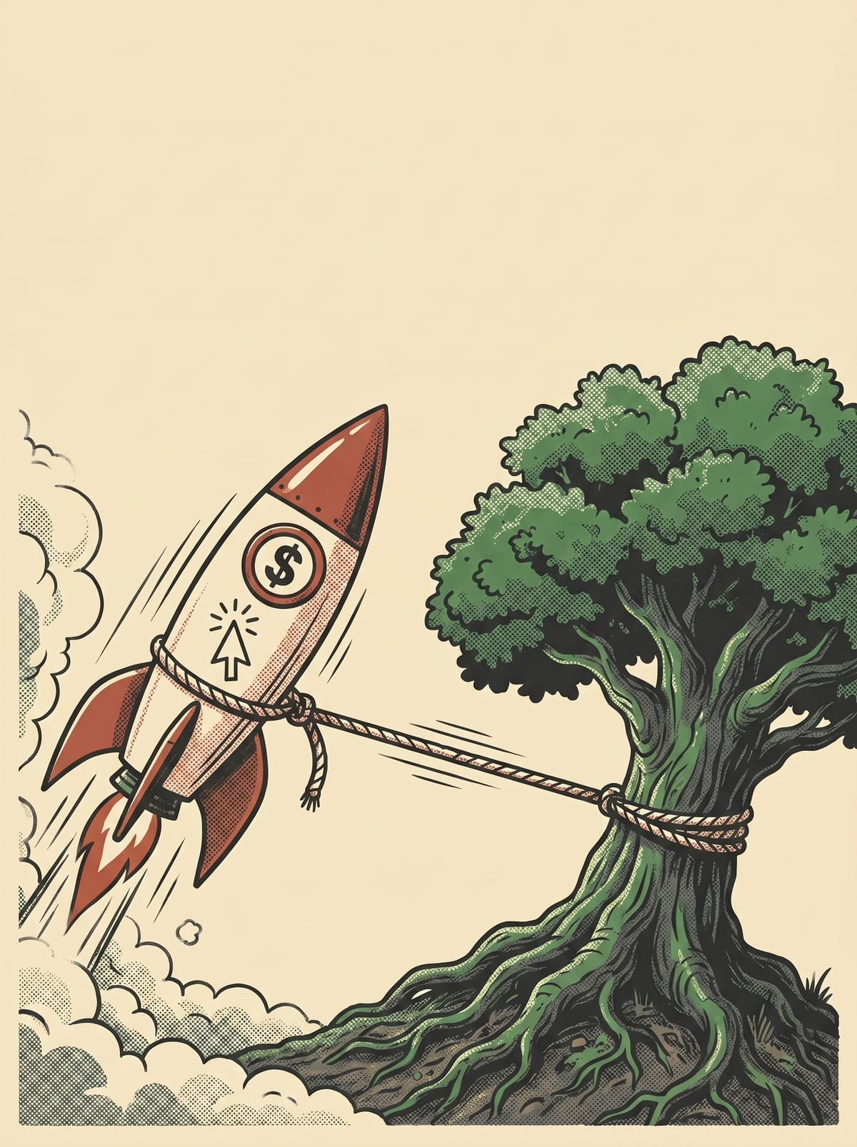 A dollar-sign rocket roped to a deep-rooted oak tree — paid ads versus organic local SEO