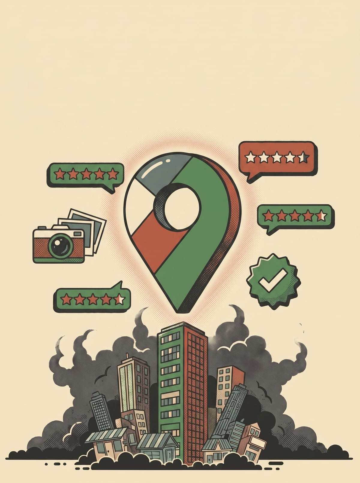 A glowing map pin rising above a city, ringed by five-star reviews, photos, and a verified checkmark