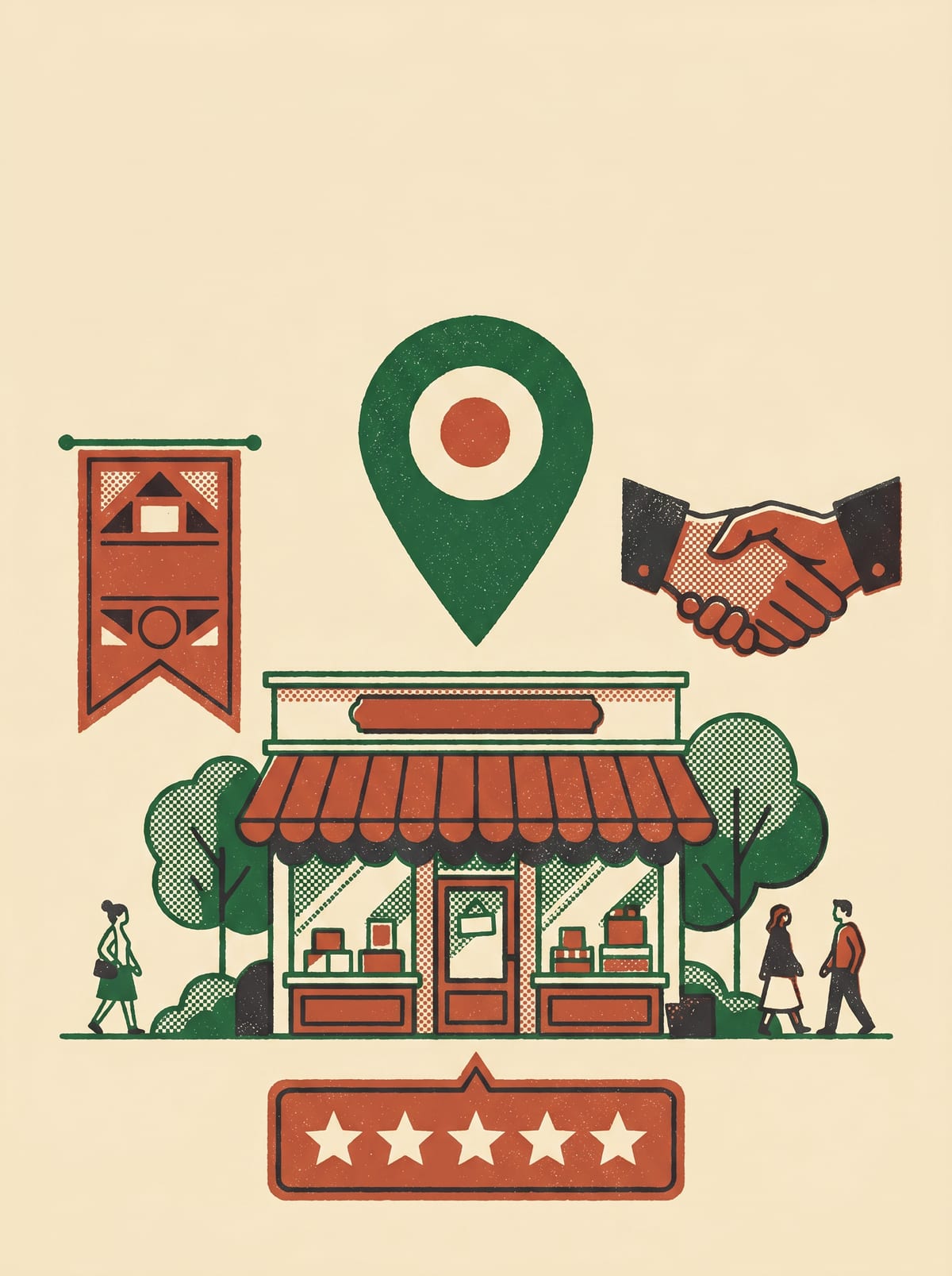 A neighbourhood shop surrounded by community icons — a map pin, a handshake, an event banner, a five-star sign