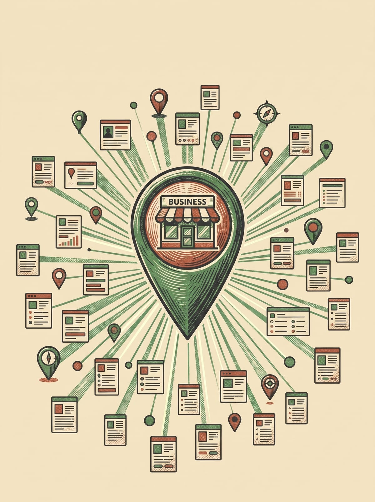 A business pin connected by threads to dozens of directory cards and map markers