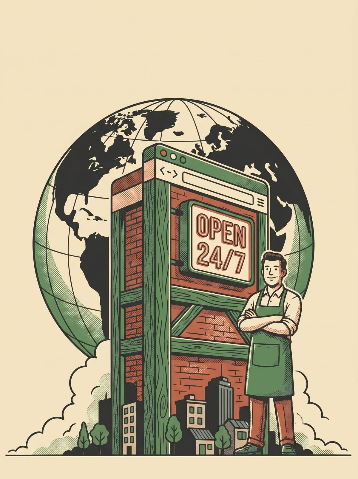 A business owner beside a tall storefront built from a browser window, a globe behind showing worldwide reach