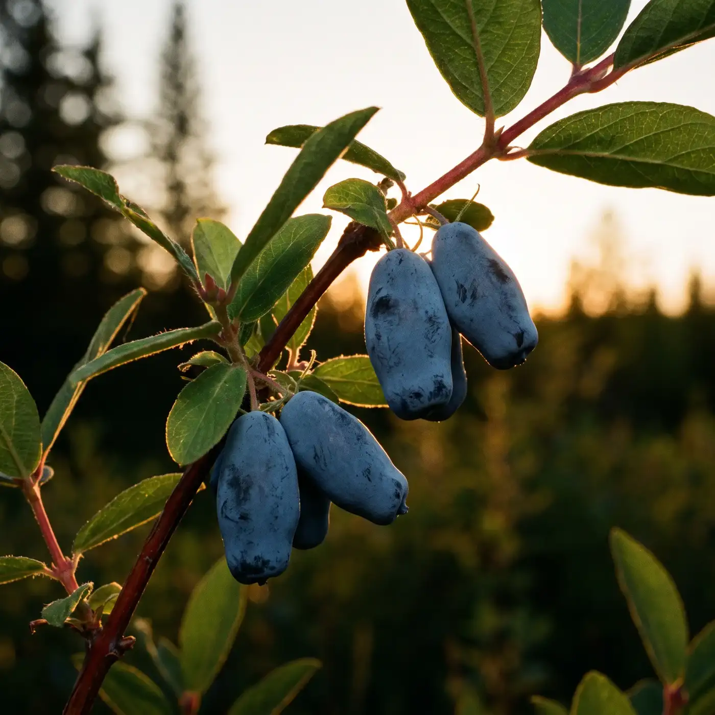 Ripe haskap berries hanging from a branch, backlit by a low evening sun
