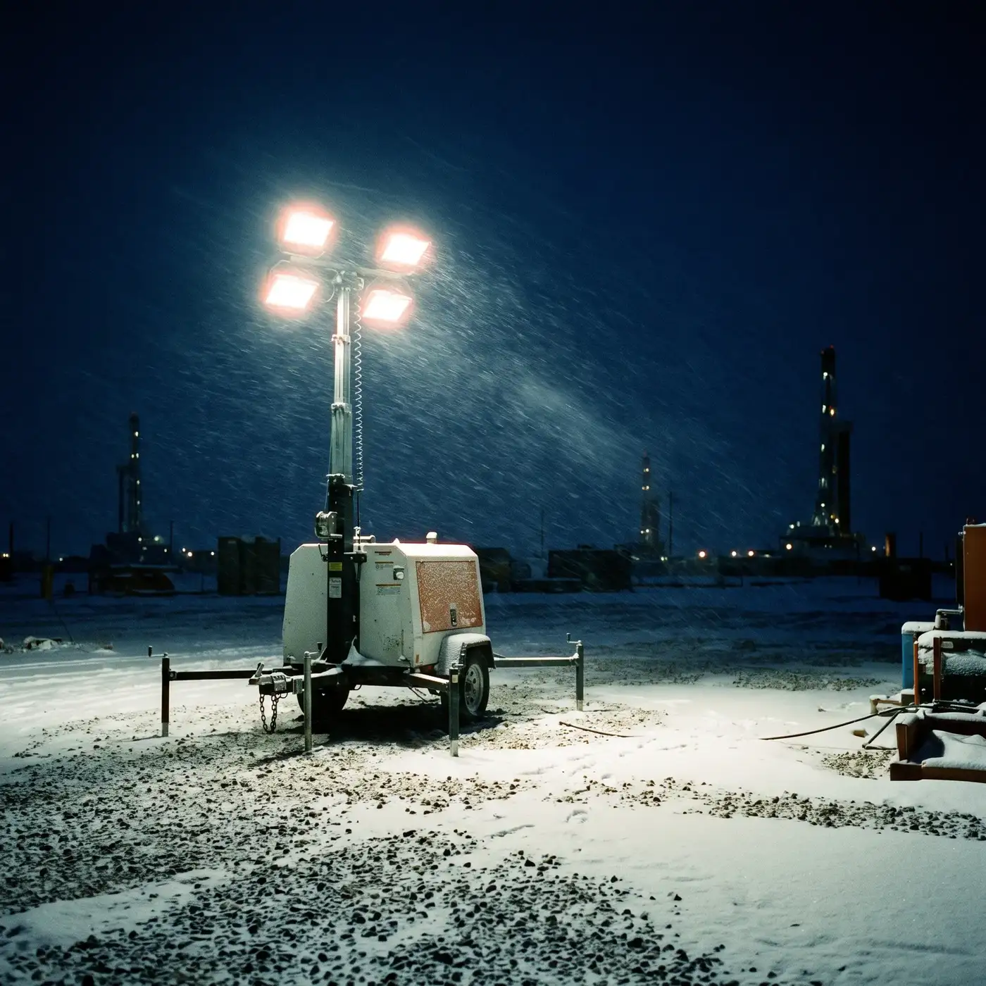 A portable light tower blazing over a snow-covered lease site at night