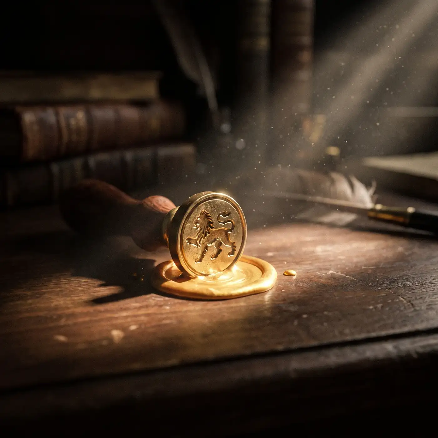 A brass seal stamp pressed into molten gold wax in a shaft of window light