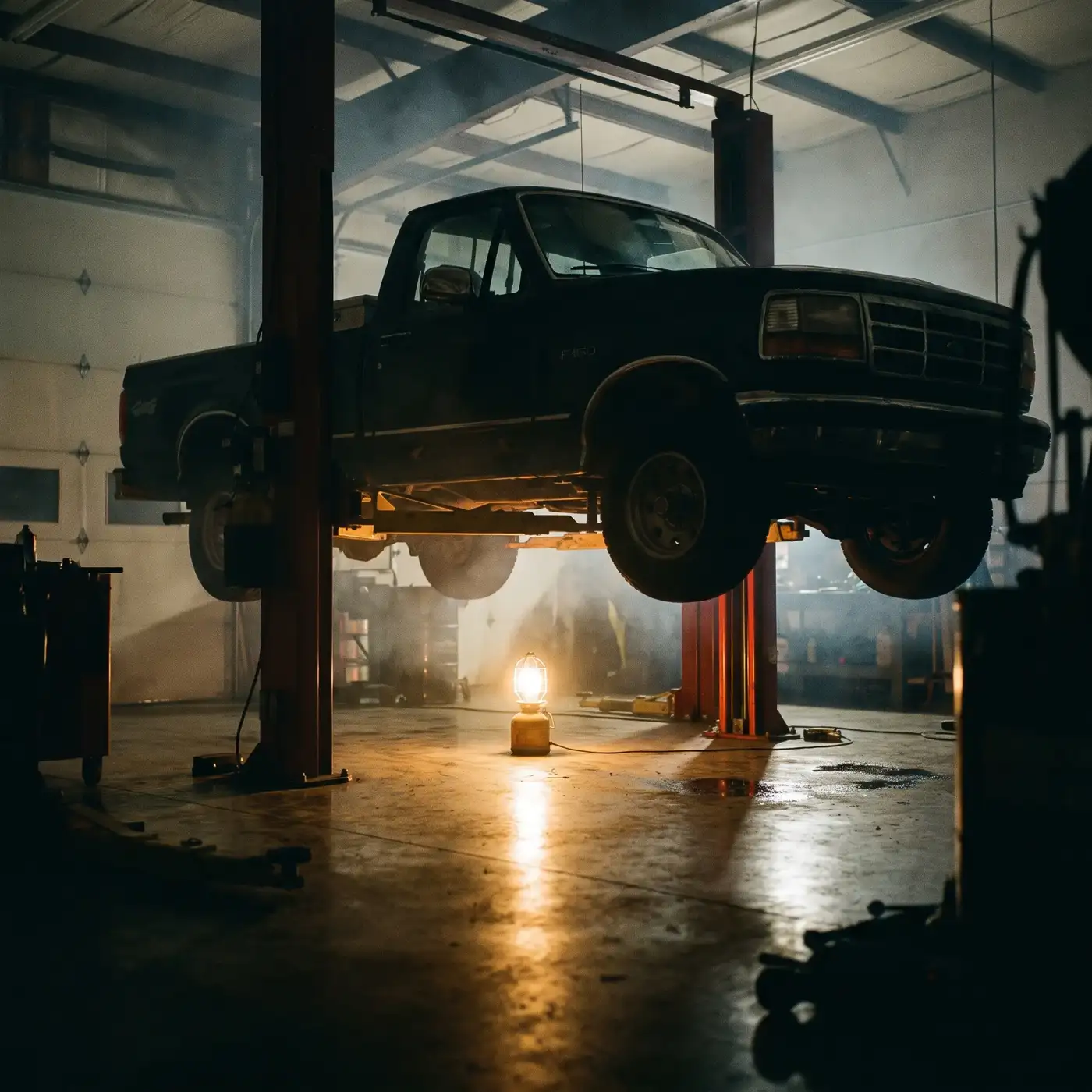 A pickup truck raised on a hoist in a service bay, lit from below by a single work light