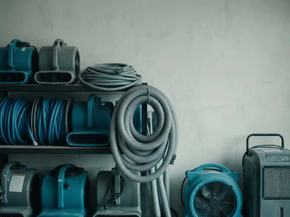 Coiled hoses and restoration drying equipment arranged against a wall