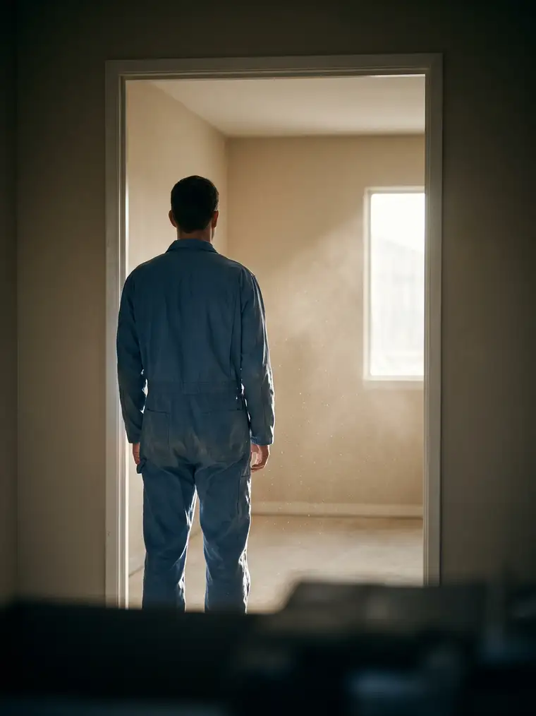 A worker in coveralls backlit in the doorway of a bright empty room