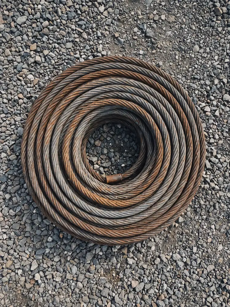A heavy coiled steel cable on gravel, seen from above