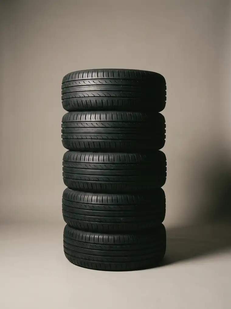 A stack of new tires lit against a plain studio backdrop
