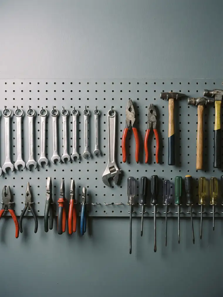 An orderly rack of hand tools on a workshop pegboard wall