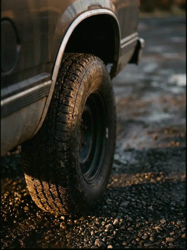 A pickup truck wheel and fender arch on gravel in late afternoon light